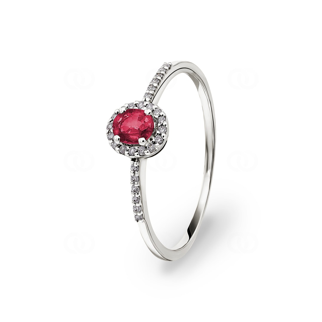 Damenring 750/18 K Weissgold mit Rubin oval & Diamanten 0.08 ct H/si
