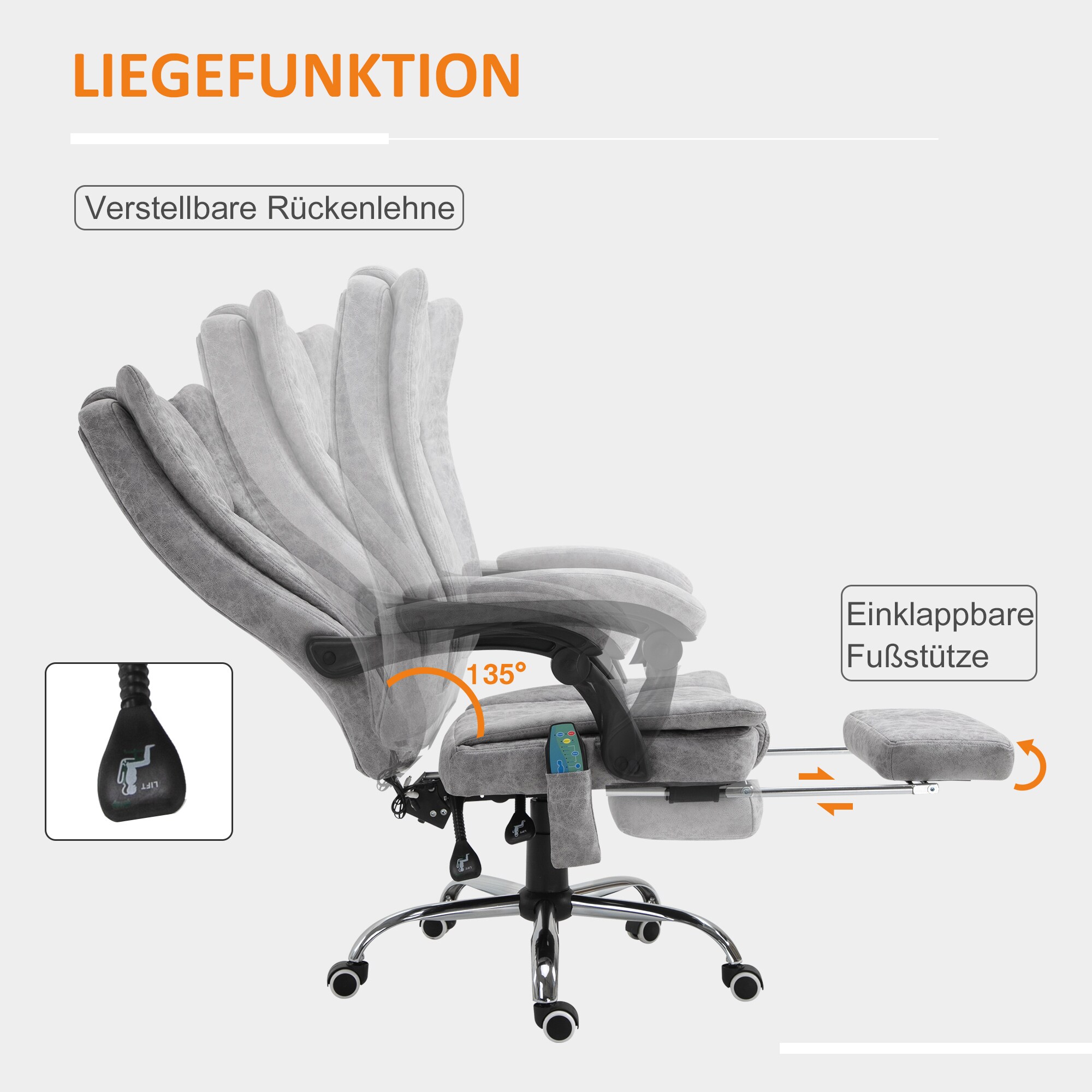 HOMCOM Bürostuhl mit Massage und Heizfunktion grau 62 x 67 x 113-120 cm (LxBxH)