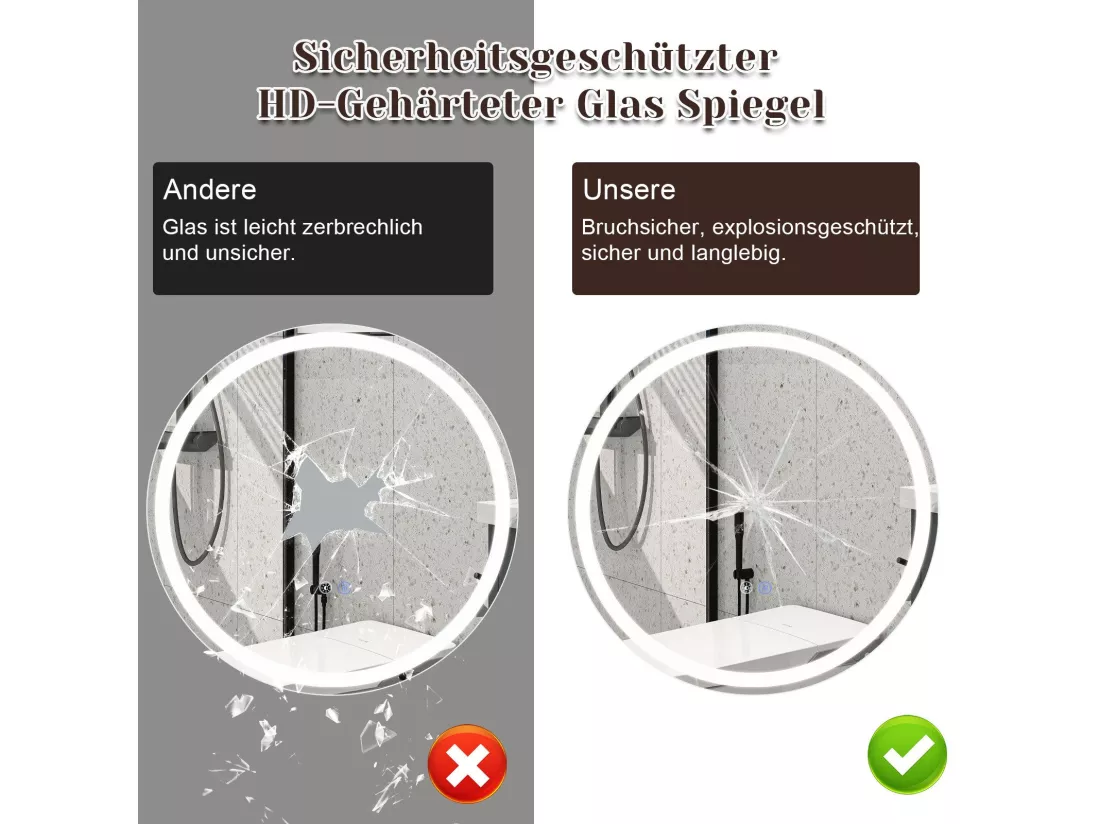 NETTLIFE Miroir lumineux salle de bain - Rond 60 cm LED, mural, interrupteur tactile, antibuée, IP44, réglable 3000K-6500K