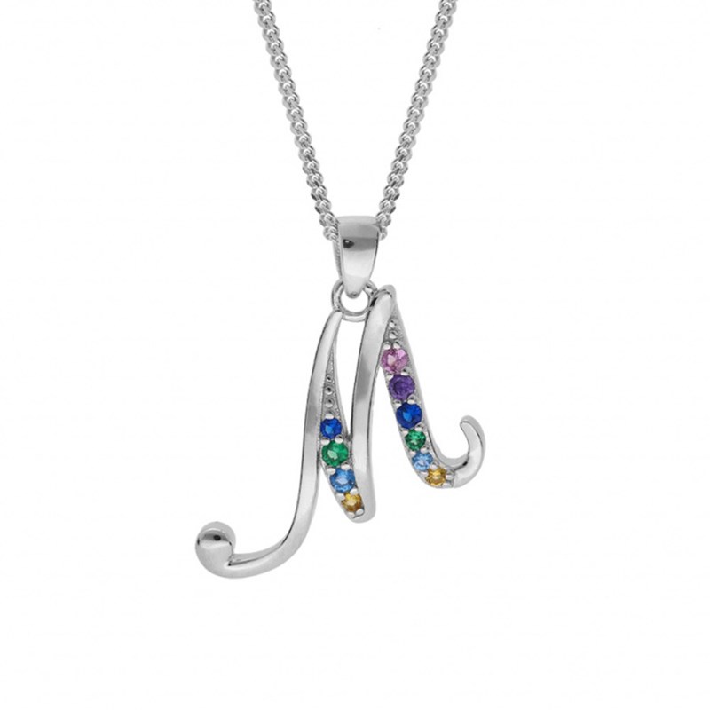 Collier femme Initiale lettre M - Argent et oxydes multicolores