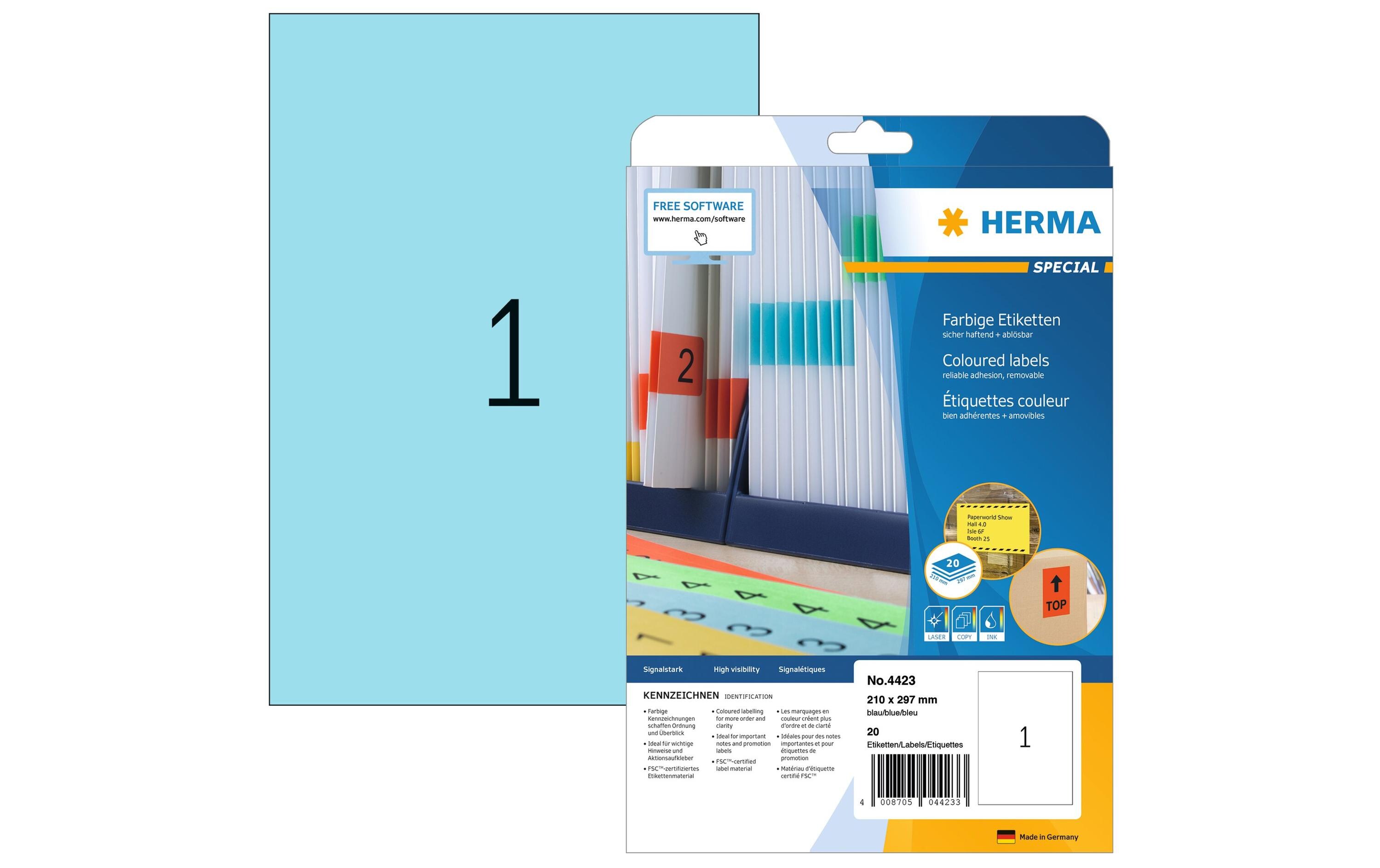 Universal-Etiketten A4 Ablösbar 210 x 297 mm Blau, 20 BlattFarbige Etiketten