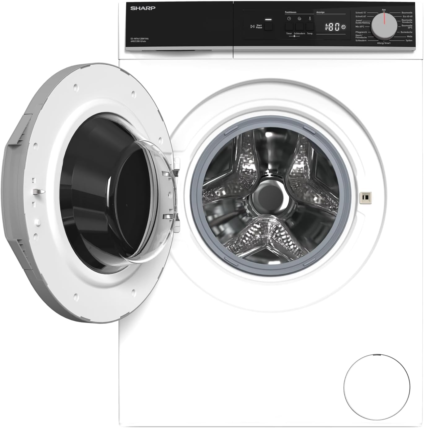 Sharp ES-NFA612BW1NA-DE Waschmaschine Frontlader, 6 kg, 1200 U/min, Energieklasse A, AllergySmart, EcoLogic, AquaStop, Inverter-Motor, WaveCabinet, Weiß