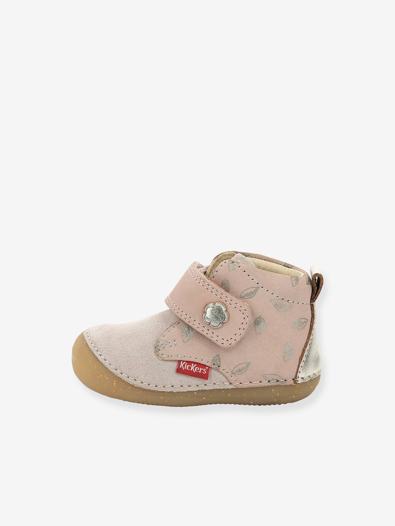 Botas de couro Sabio KICKERS® para bebês, primeiros passos, estampa rosa.