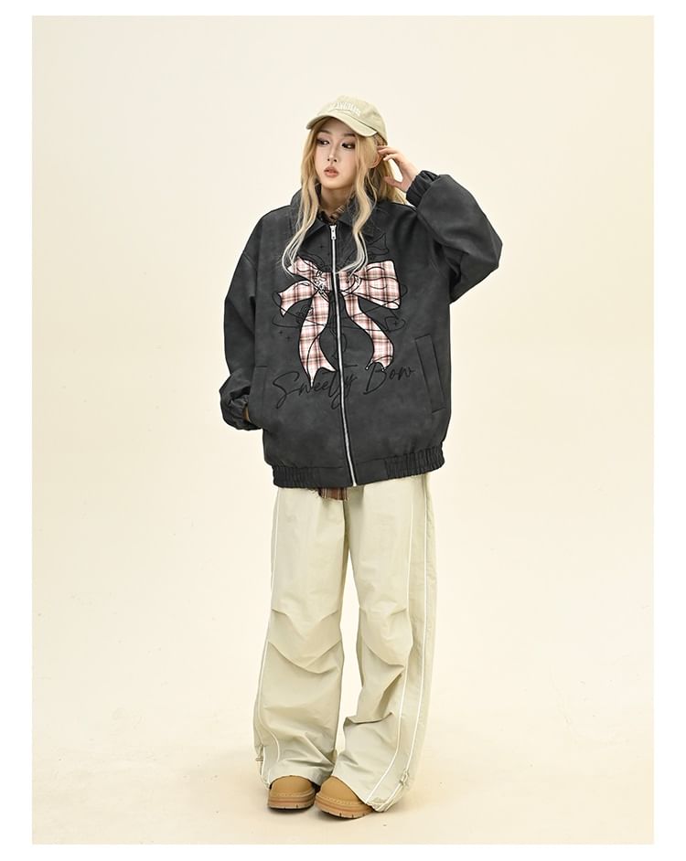 Iduna - Oversized bomberjack met kraag, strik en rits