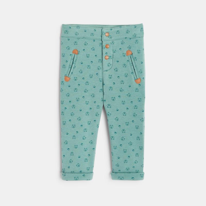 Pantalon coton doublé velours imprimé ourson vert bébé garçon Vert