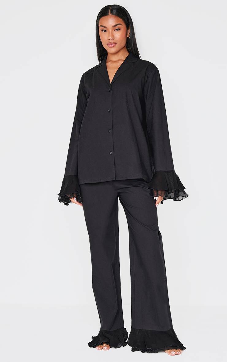 Noir Ensemble Pyjama Long En Coton À Ourlet À Volants