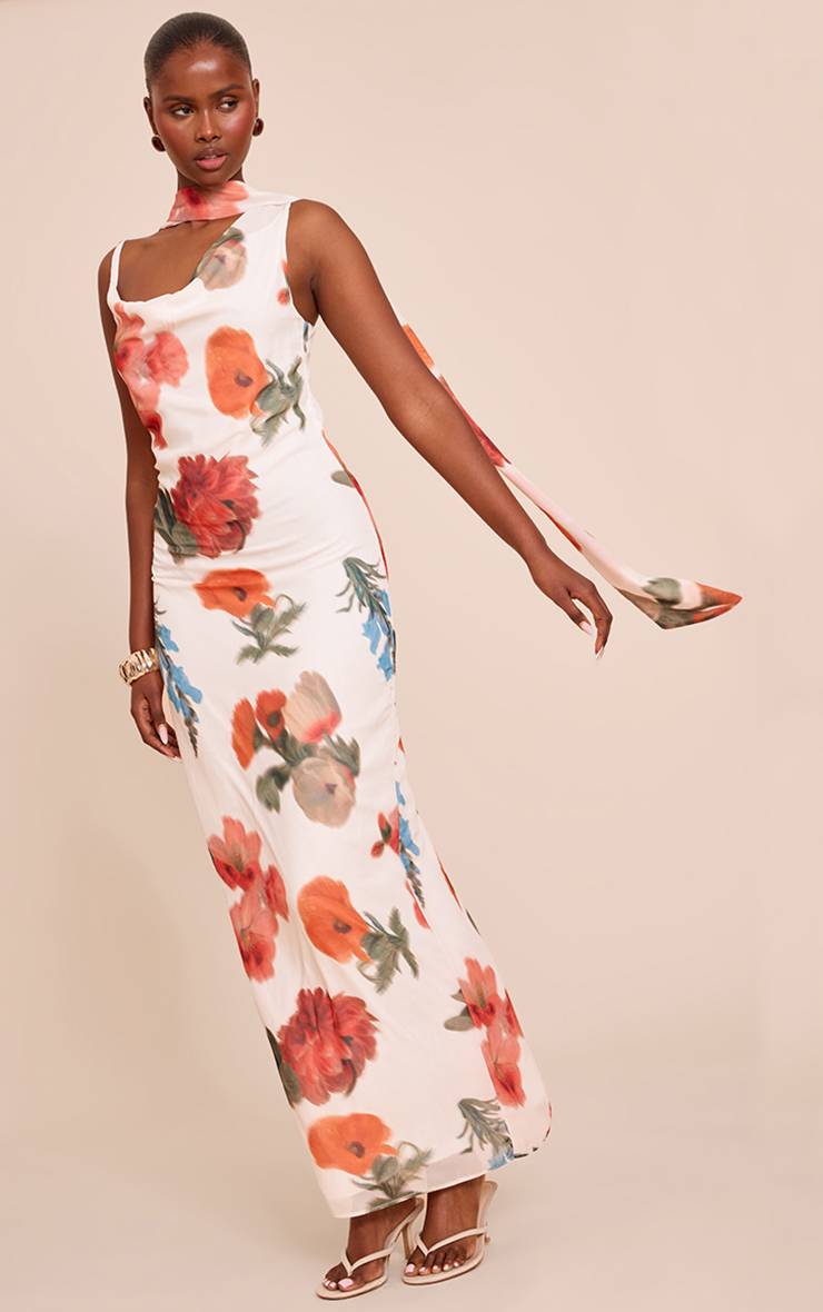Blanc Robe Maxi En Mousseline À Imprimé Floral Et Foulard