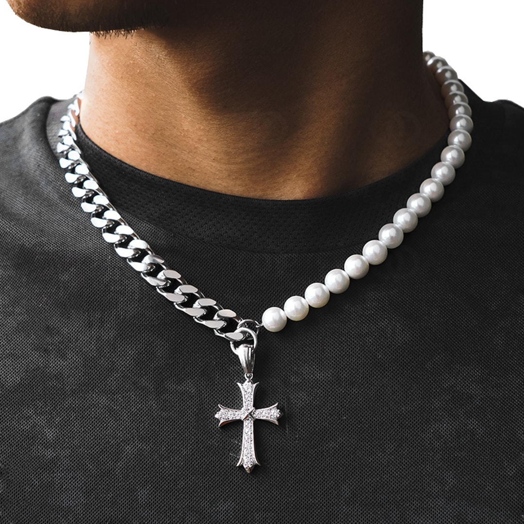 10mm Cuban Link Perlenkette silbrig mit Kreuzanhänger