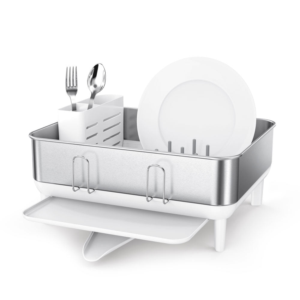 Egouttoir compact blanc avec un cadre en acier inoxydable Simplehuman