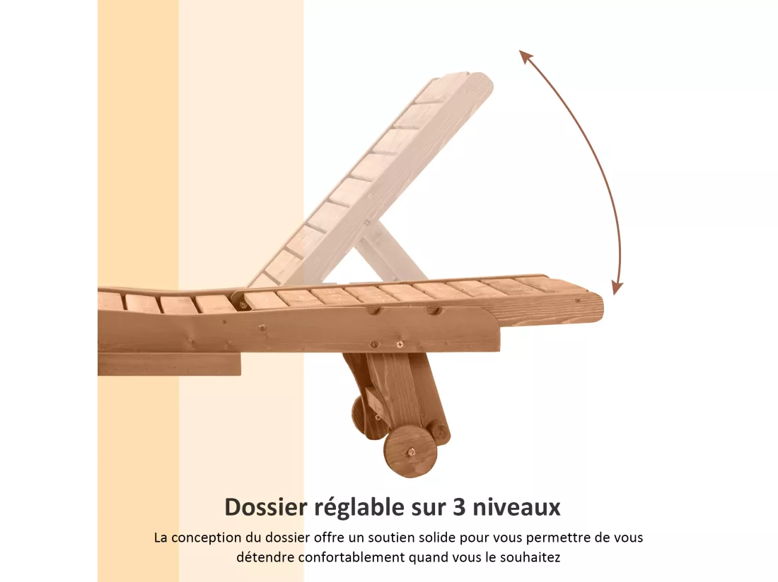 Bain de soleil transat style colonial dossier réglable 3 positions roulettes tablette support bois sapin pré-huilé