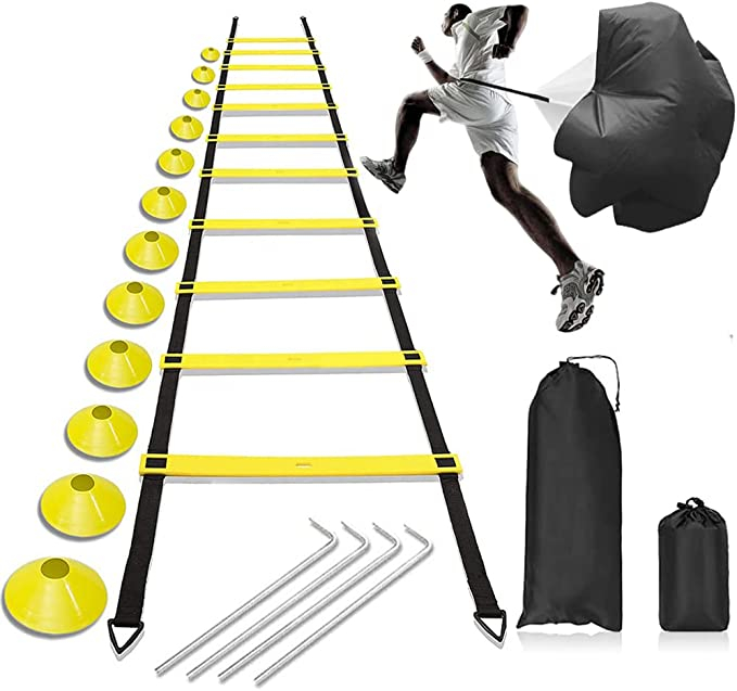 (18-tlg. Set) Trainings Kit Widerstands Laufschirm / Pylone Markierungshütchen / Koordinations Leiter - Bunt