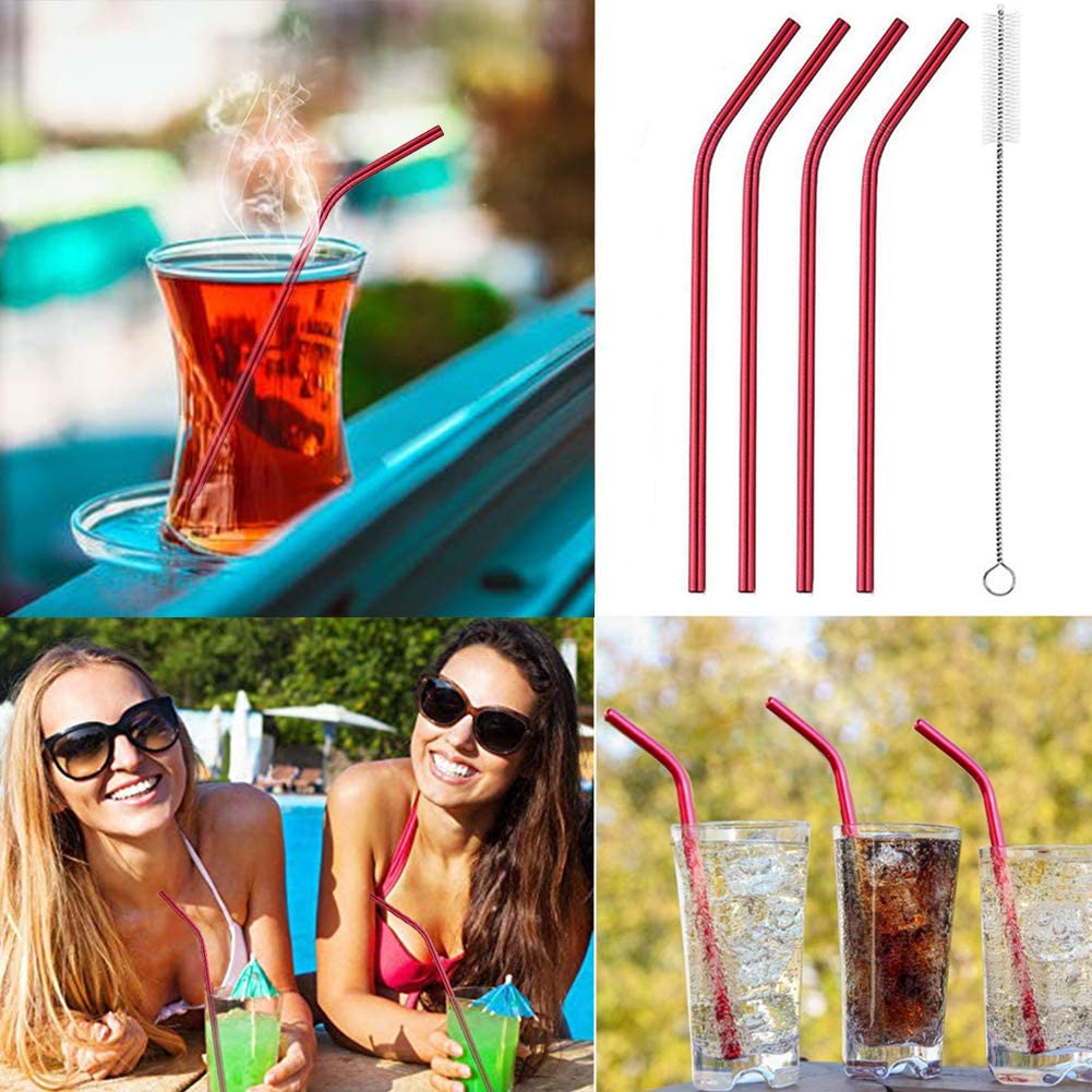 (10-tlg. Set) 21.5cm Edelstahl Strohhalm Wiederverwendbarer Trinkhalm inkl. Reinigungsbürsten   Tasche - Schwarz