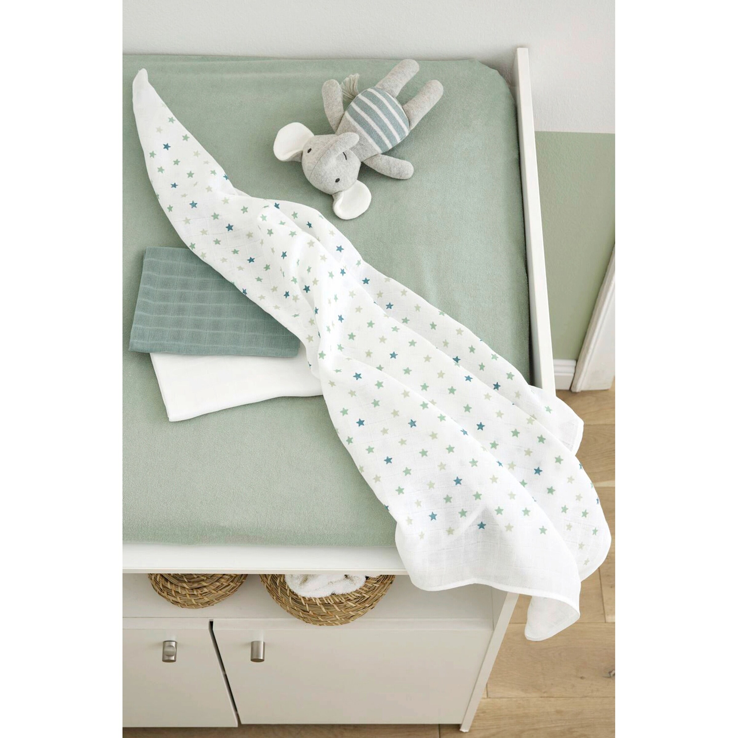 Bornino - Lieblinge 3er-Pack Mullwindeln Sterne 80x80 cm grün/weiß