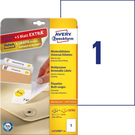 Avery Zweckform L4735REV-25 Universal-Etiketten,A4 210 x 297 mm, 30 Bogen/30 Etiketten, weiß