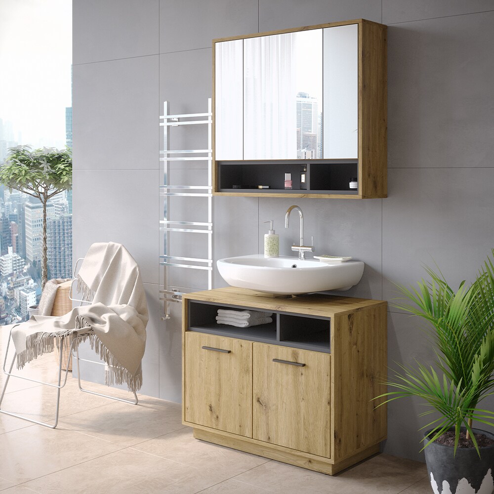 Vicco Badmöbel-Set Badezimmer-Möbel Bad-Schrank Beatrice Eiche Anthrazit modern Badezimmerschrank Waschtischunterschrank Spiegelschrank Schranktür Schrankfach