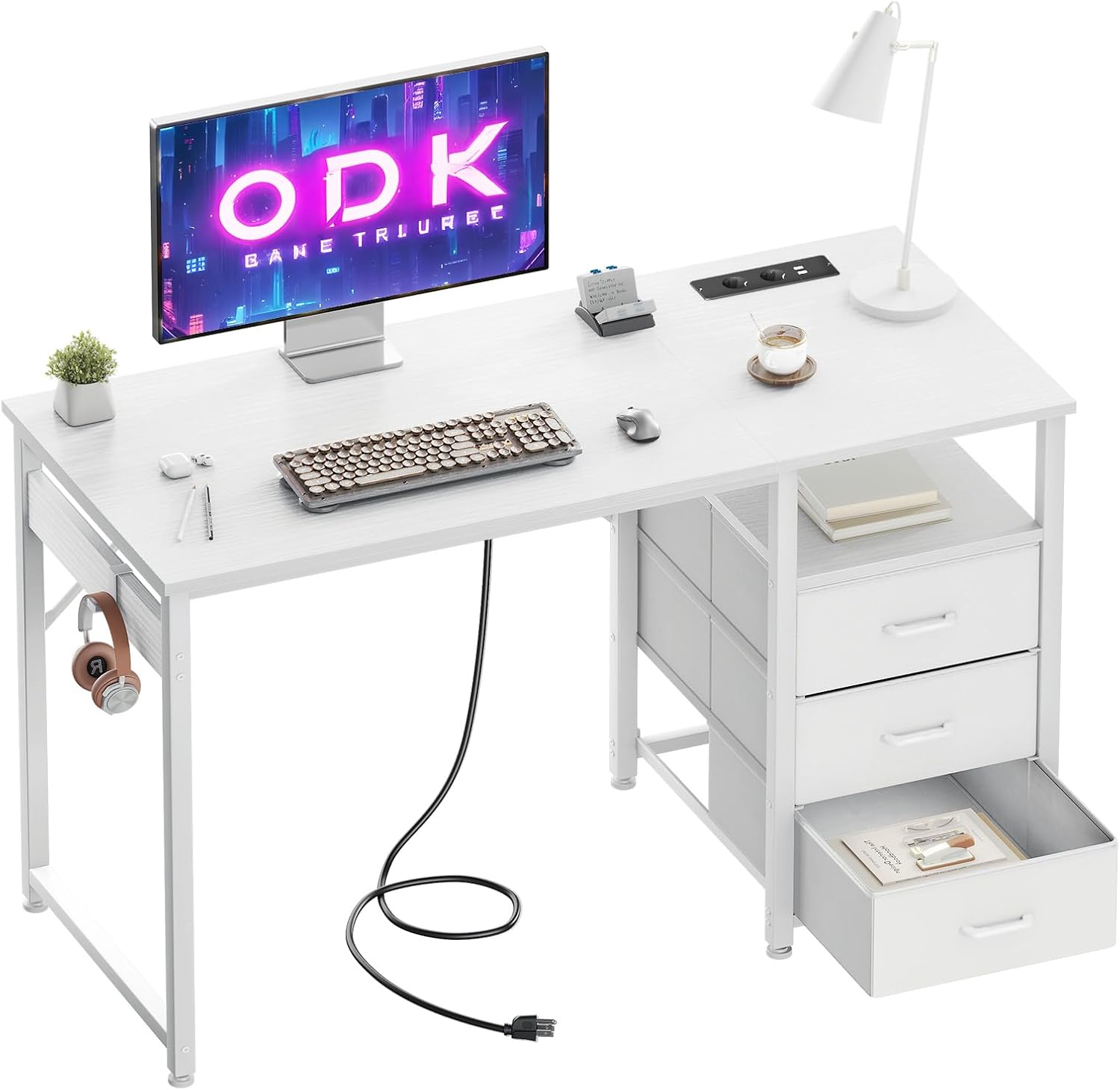 ODK Schreibtisch mit 3 Schubladen aus Stoff, 120x48x75,5 cm Computertisch mit 2 Steckdosen und USB-Buchsen, Umkehrbarer PC Tisch Bürotisch für Home Office, Weiß
