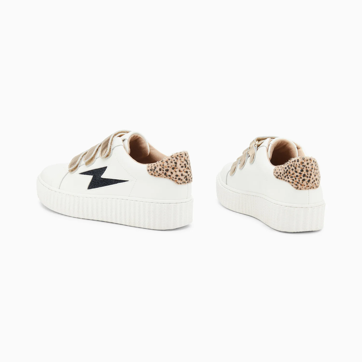 Sneakers-Baskets éclair Darine blanc et guépard à scratchs or