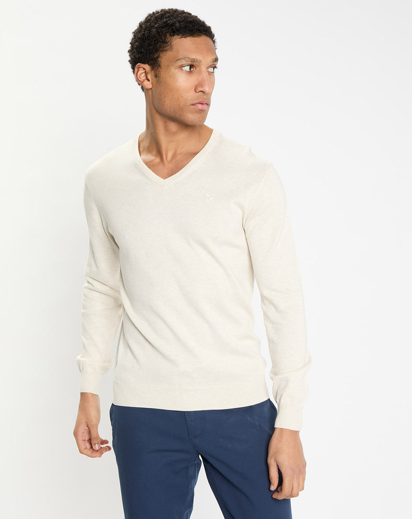 Hackett London Pull en Coton & Soie col V écru chiné