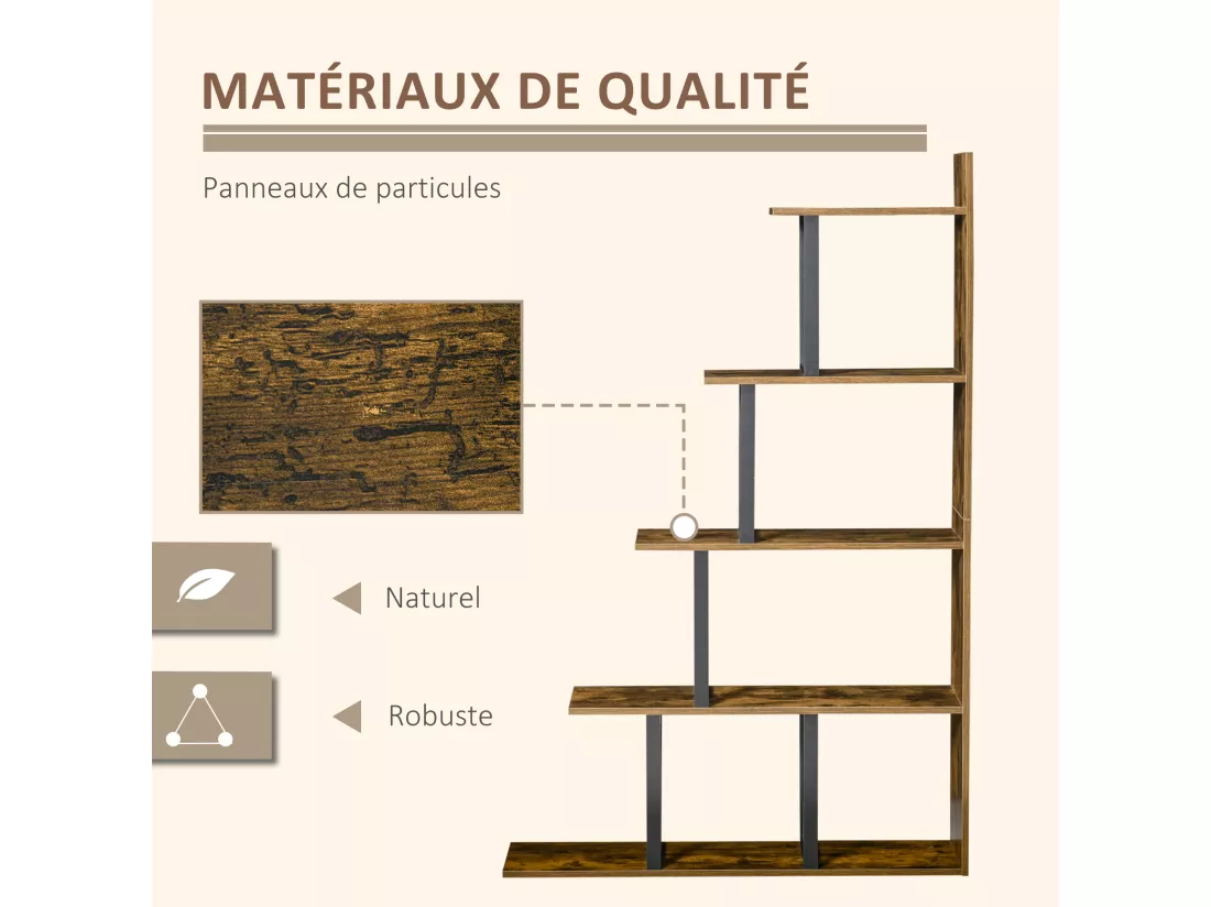 Étagère bibliothèque séparateur de pièce style industriel en escalier 5 étagères dim. 102L x 30l x 160H cm acier noir panneaux particules aspect vieux bois chêne
