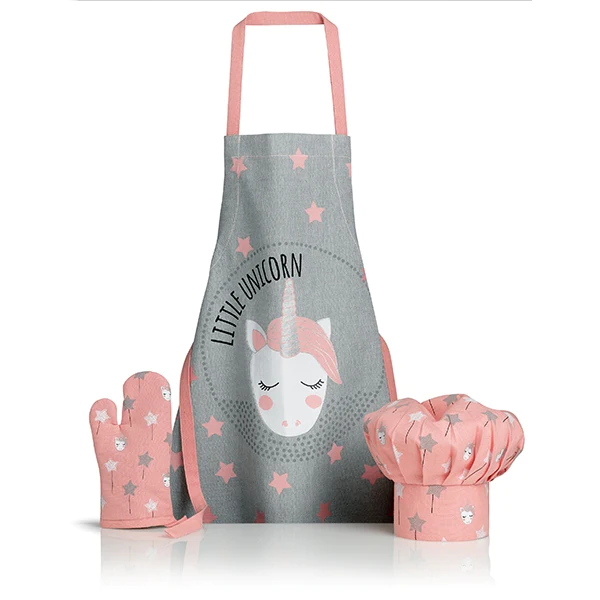 Ensemble Gant, toque et tablier de cuisine impression Licorne Enfant W