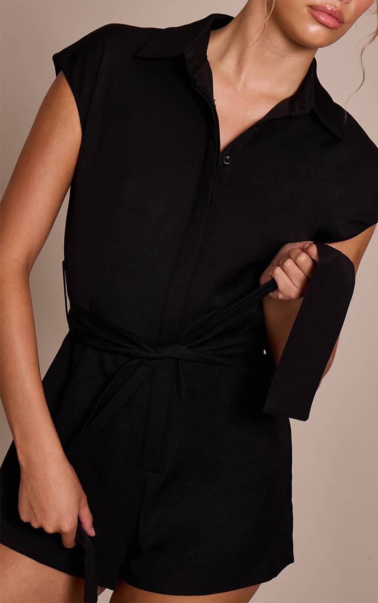 Noir Combinaison-short À Col Avec Ceinture En Tissu Tissé