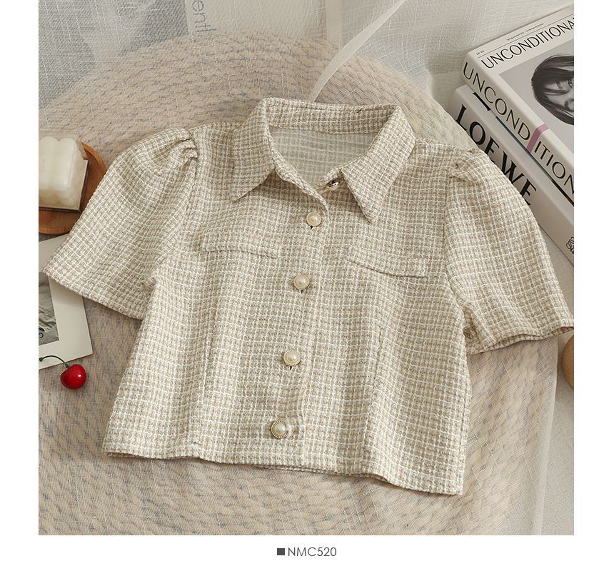 Lemongrass - Tweed crop top met pofmouwen