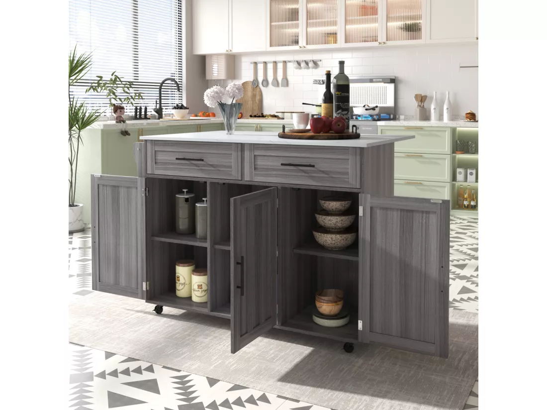 Desserte de cuisine, Chariot de table 129x76x91,5cm, plateau rabattable, étagères intérieures, îlot de cuisine, blanc + gris kaki