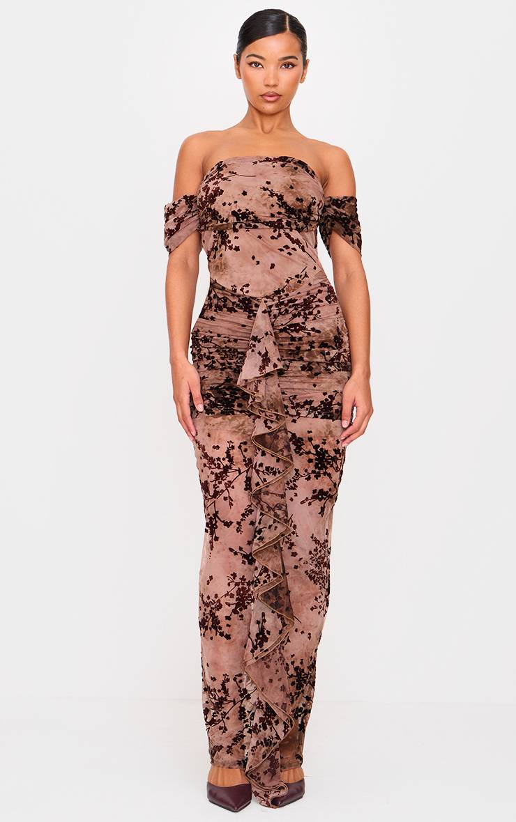 Marron Robe Longue À Volants Froncés Corset Bardot Dévoré Fleuri