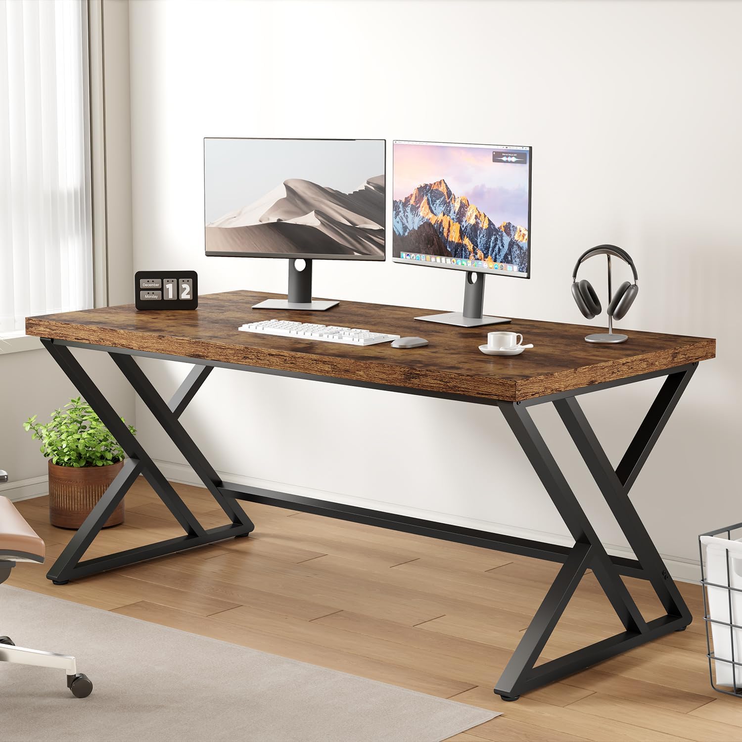 LVB Moderner Computertisch Industrieller Heimbür mit Stauraum, Metall-Holz, Schreibtisch Arbeitszimmer Computertisch für Schlafzimmer einfacher Gaming-Schreibtisch Rustikales Braun