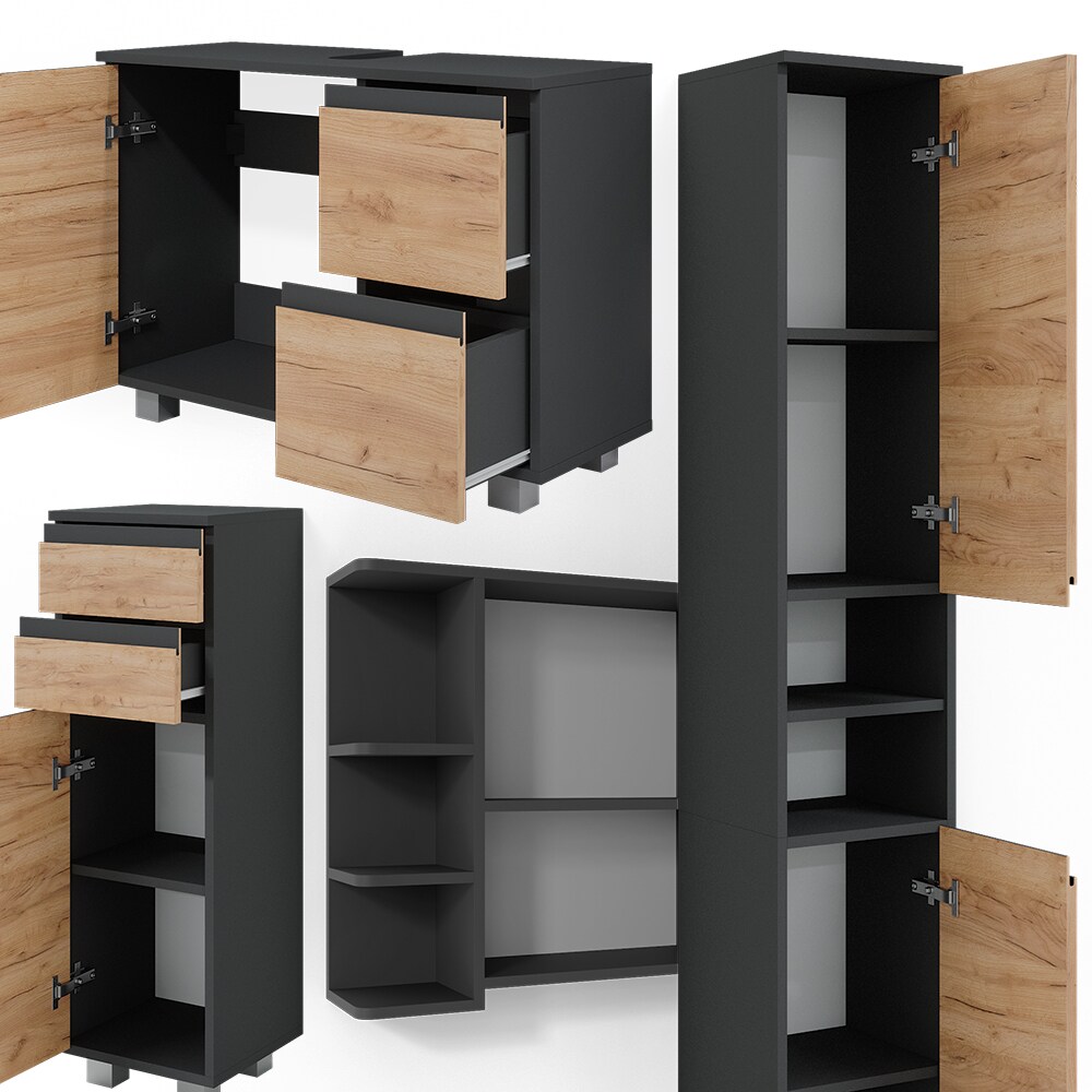 Vicco Badmöbelset J-shape Anthrazit Eiche modern Badezimmer Schrank Badschrank Waschtischunterschrank Spiegelschrank Midischrank Hochschrank Schranktür Schrankschublade Schrankfach Ablage Aufbewahrung