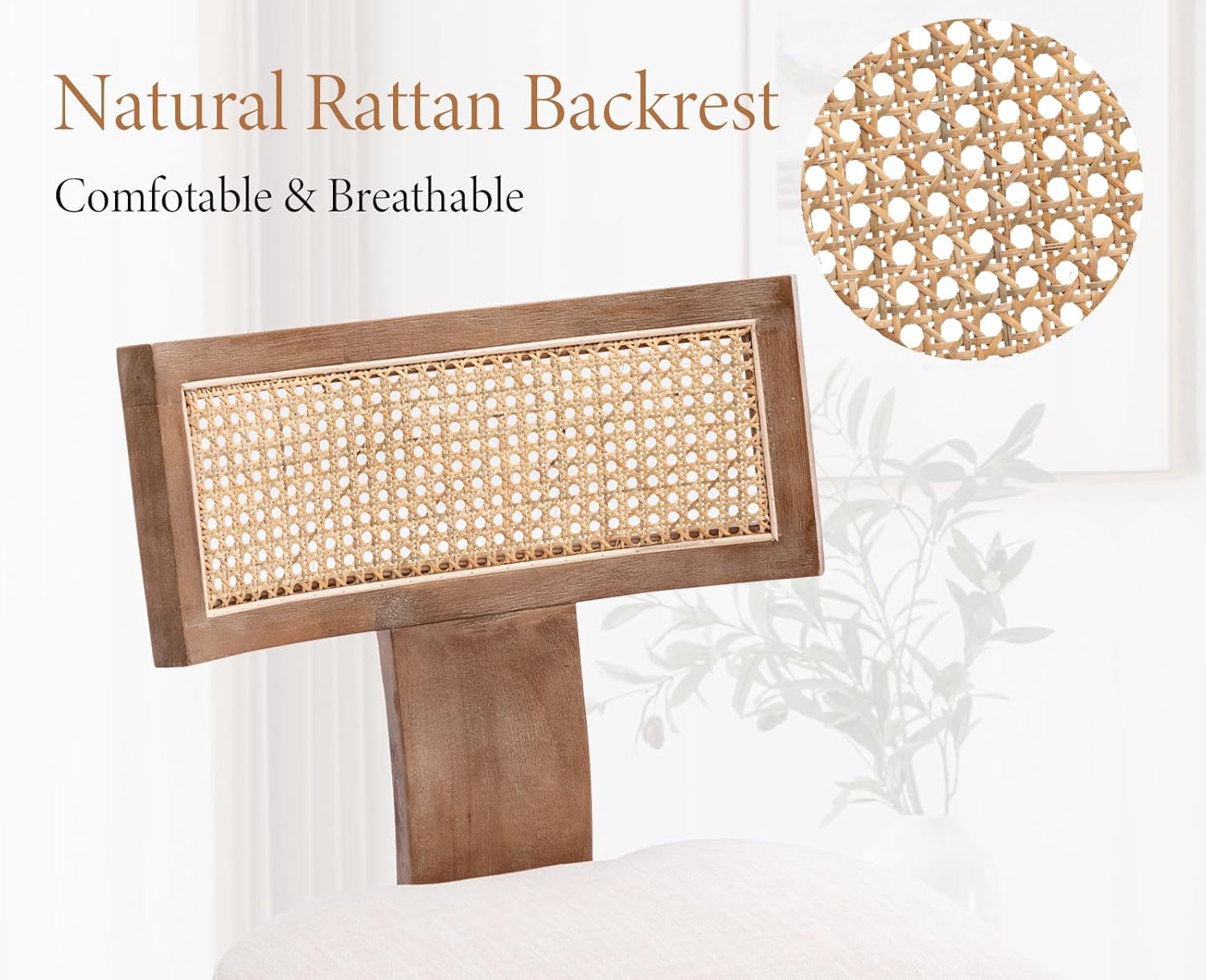 Esszimmerstühle 2er Set Leinen Küchenstuhl mit Rattan Rückenlehne Vintage Seitenstühle Holz Polsterstuhl für Esszimmer/Wohnzimmer/Balkon, Beige