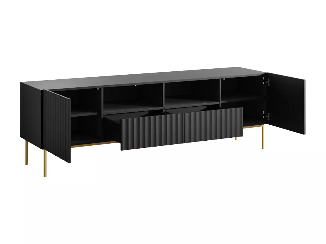 Meuble TV avec 2 portes, 2 tiroirs et 2 niches en MDF et acier - Noir et doré - EVILANA