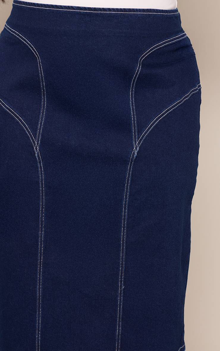 Bleu Indigo Jupe Midi En Denim Grande Taille Avec Détails De Coutures Contrastées