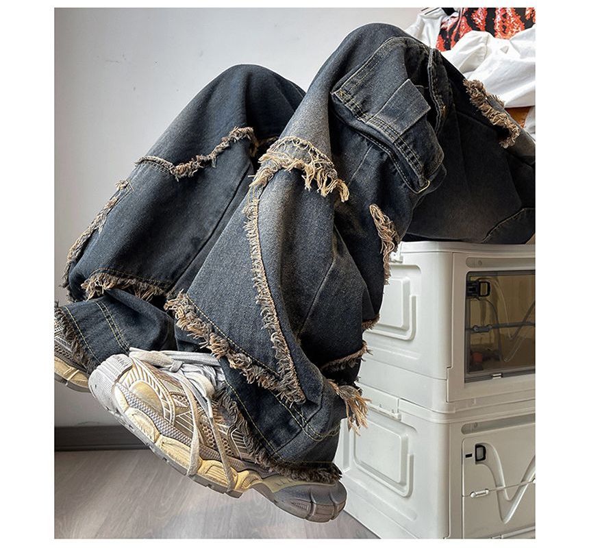 Savenne - Mid Rise Star Applique Washed Frayed Wide Leg Cargo Jeans