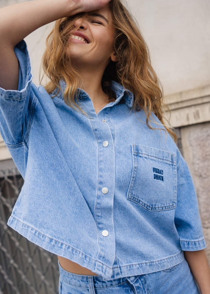 Denim blouse korte mouw vintage blauw