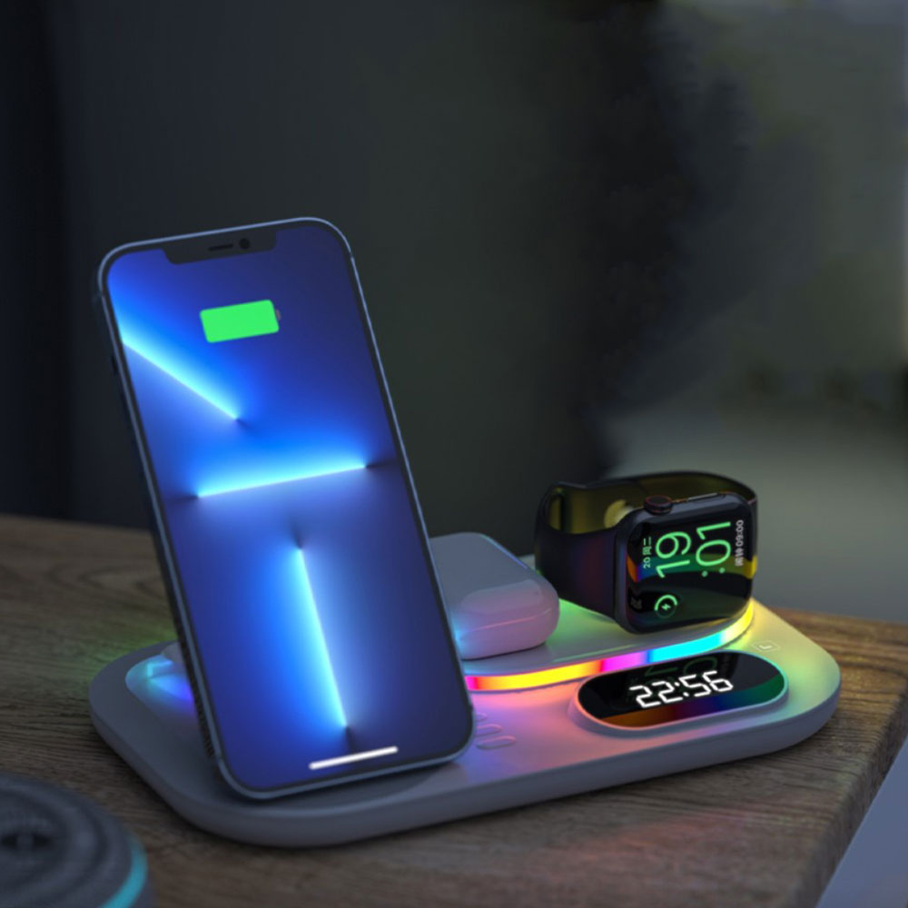 (15W) 4in1 Apple Watch / Smartphone / AirPods Qi Fast Charging Ladegerät Ständer Dockingstation   Zeitanzeige - Schwarz