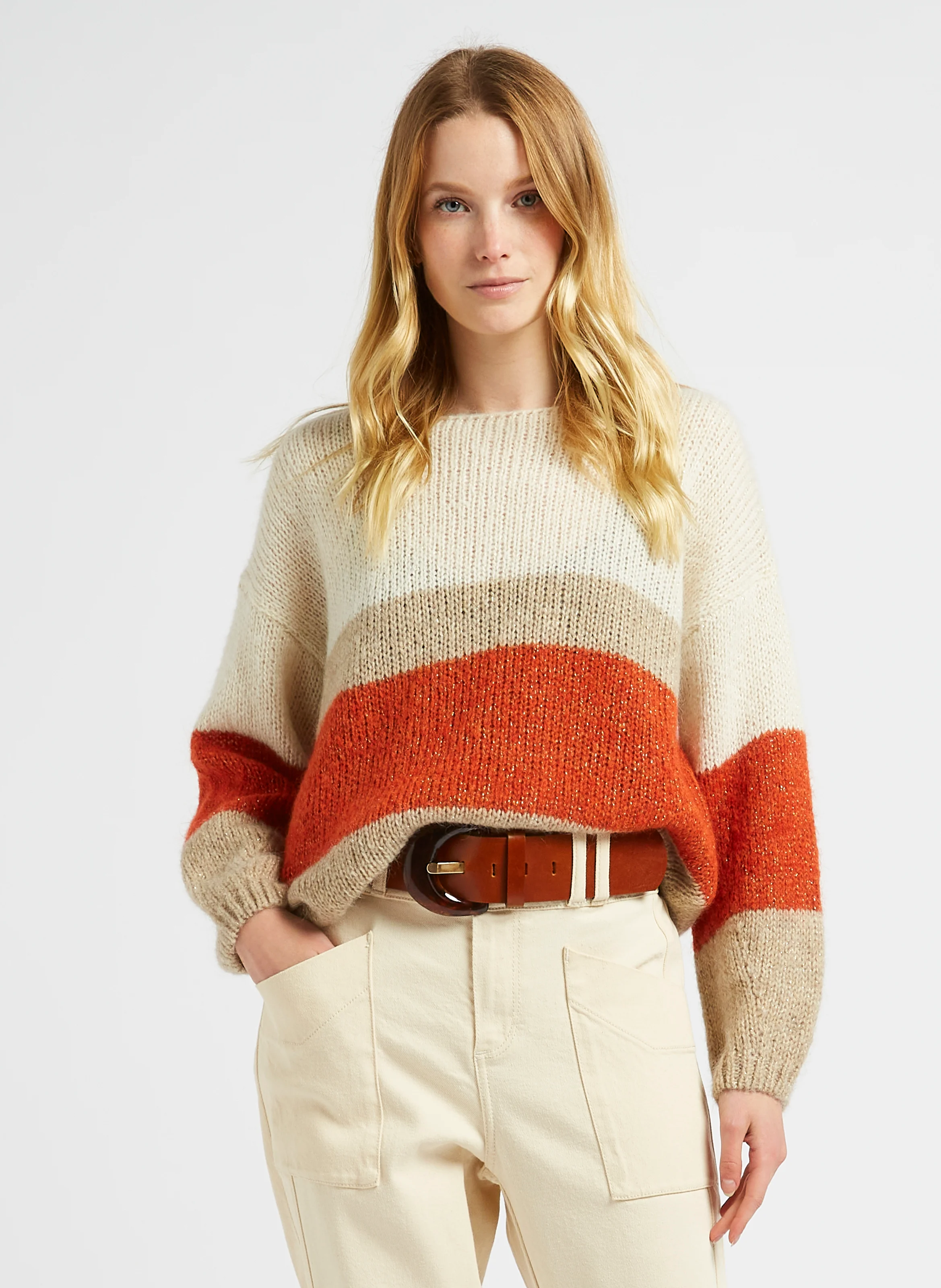 TIARA - Pull col rond en maille duveteuse | Orange