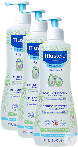 Pack de 3 Mustela Bébé Eau Nettoyante Sans Rinçage Peau Normale Flacon Pompe 500ml