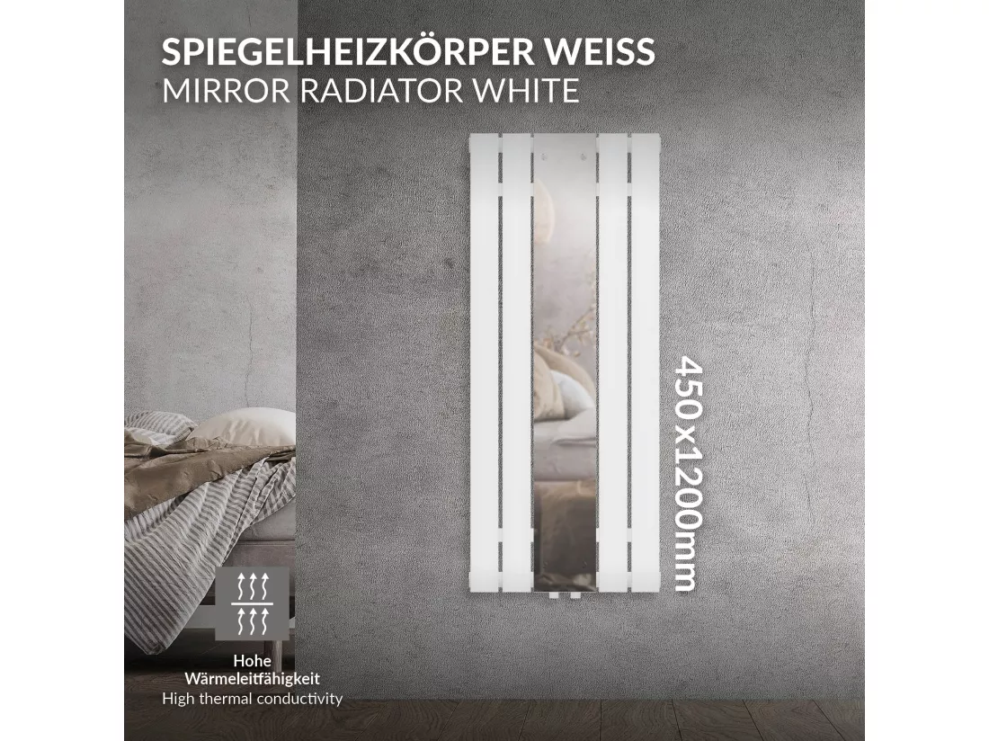 Radiateur plat vertical blanc 450x1200 mm + miroir et kit raccordement d'angle