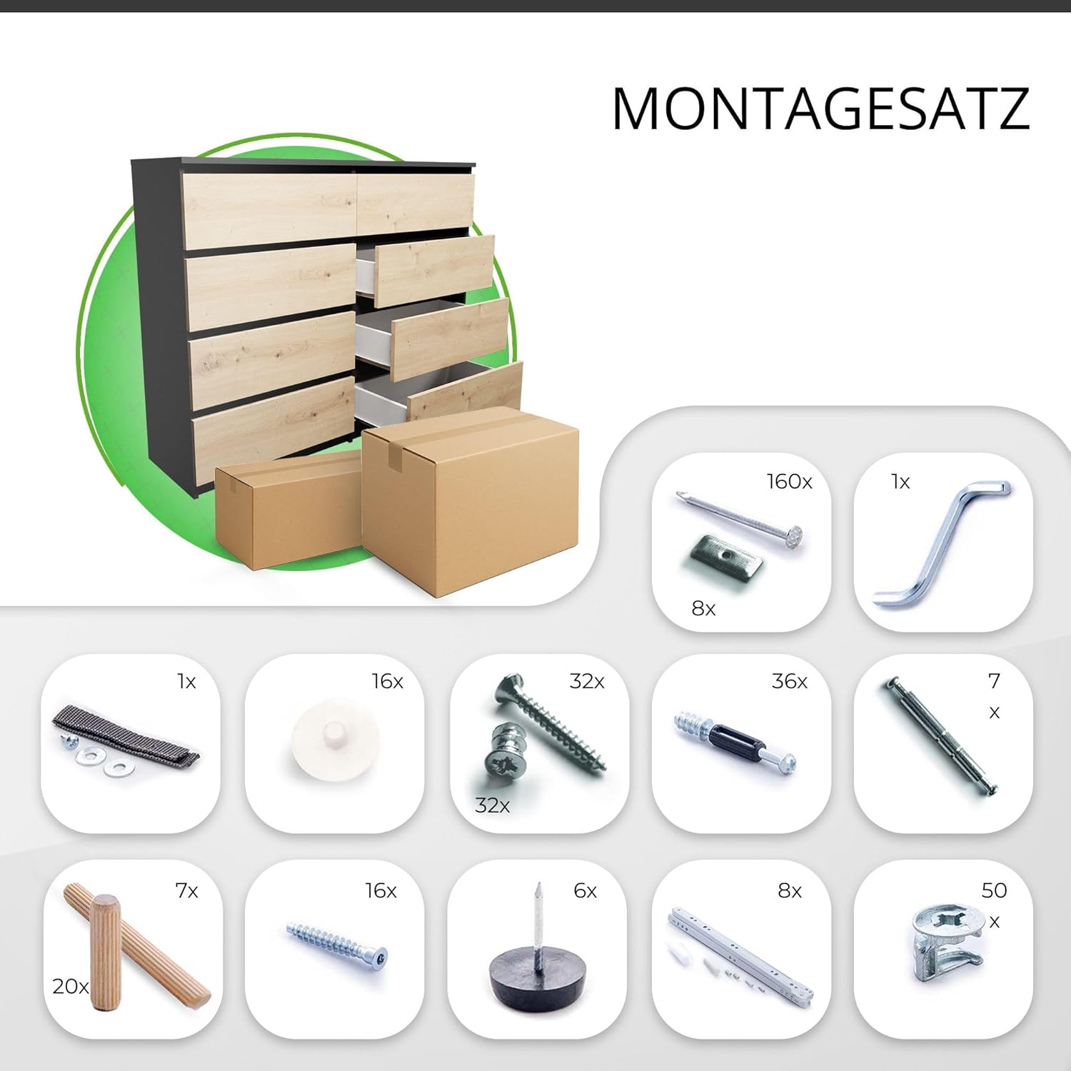 CDF Kommode Anthrazit Artisan mit 8 Schubladen 40 cm Tief Komodenschrank Komode für Wohnzimmer Schlafzimmer Schubladenschrank Malm Kommode viel Stauraum Geeignet Organizer Kleidung 120cm Breite Modern
