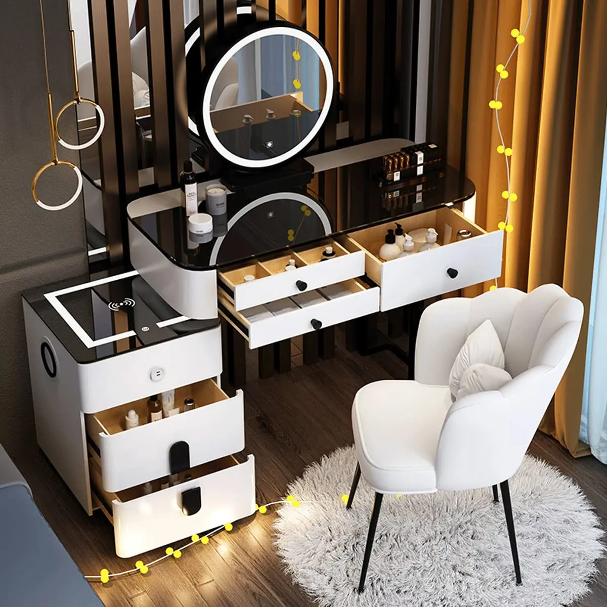 Conjunto de penteadeira com espelho e luzes LED de 3 cores, com banqueta acolchoada, para quarto de família, para ela (120 cm/47,2 pol.)