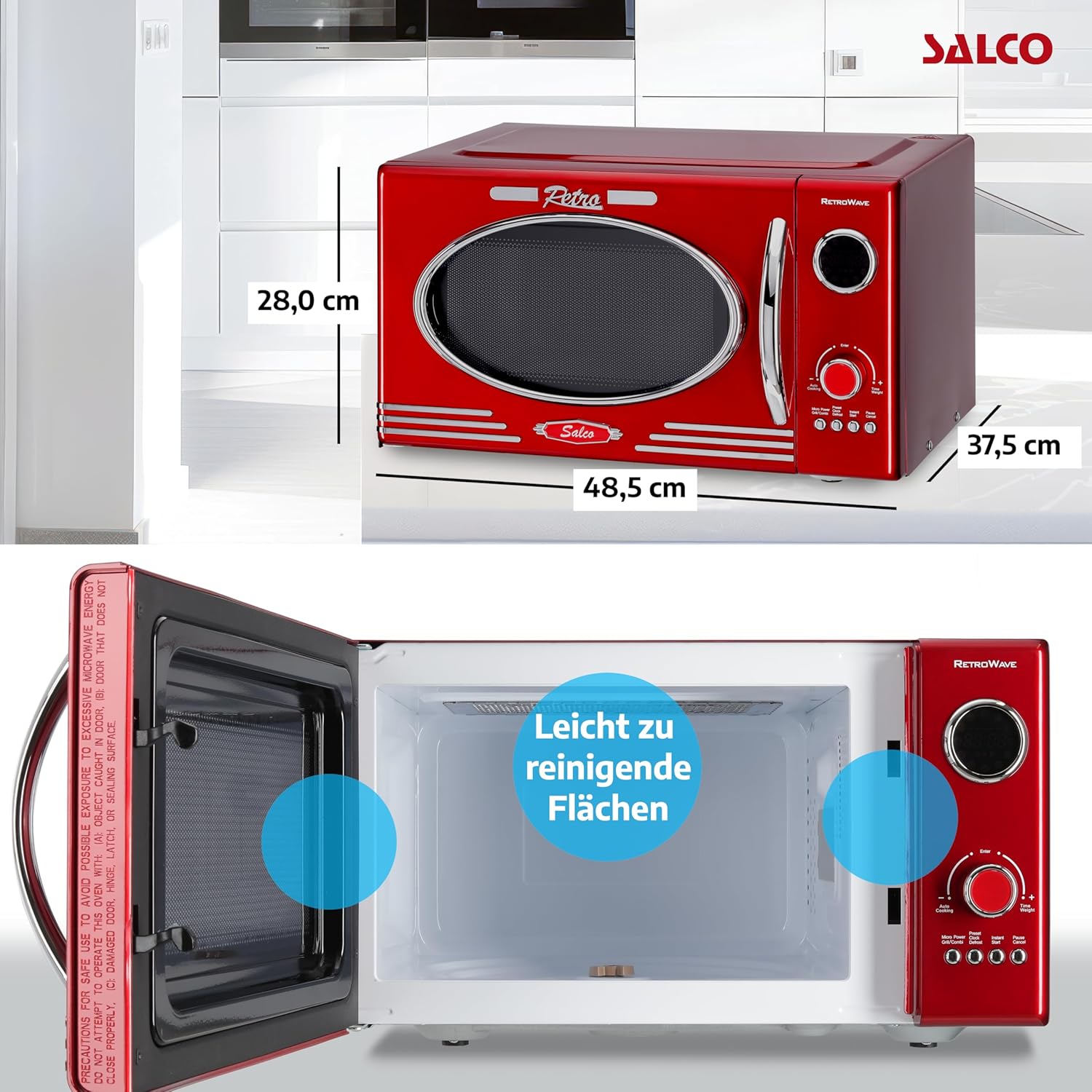 Salco Mikrowelle 2 in 1 – Retro-Style mit Grillfunktion - 23 l Garraum, metallic-rot, 900 W - 12 Funktionen inkl. Auftauen, Grillen & Wärmen, Express-Funktion - inkl. Drehteller & Grillaufsatz