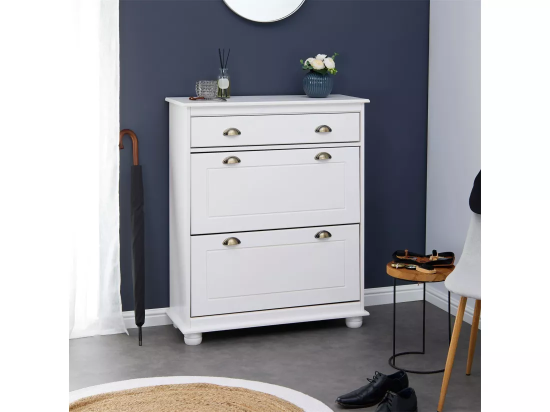 Meuble à chaussures COLMAR armoire rangement avec 2 abattants et 1 tiroir, en pin massif lasuré blanc