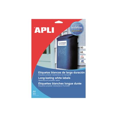 Apli Agipa - 20 Étiquettes blanches - A4 (210 x 297 mm) - résistantes aux intempéries