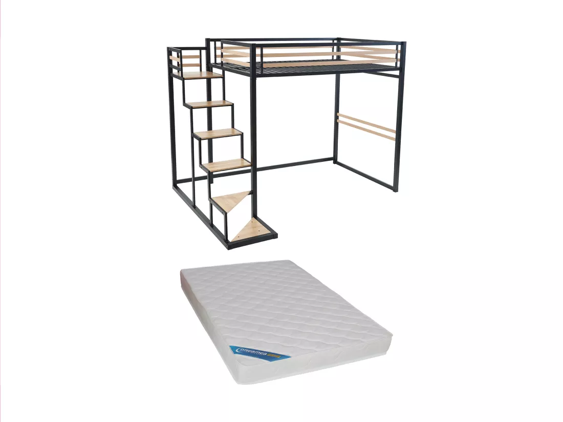 Lit mezzanine 140 x 200 cm - Métal et MDF - Noir et naturel + Matelas - JOGUI