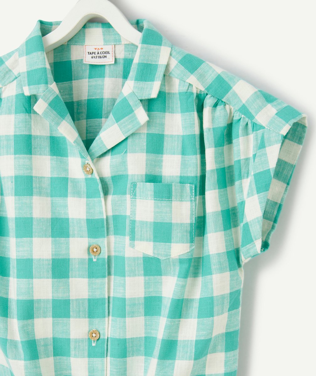 CHEMISE MANCHES COURTES FILLE EN COTON IMPRIMÉ À CARREAUX VERTS
