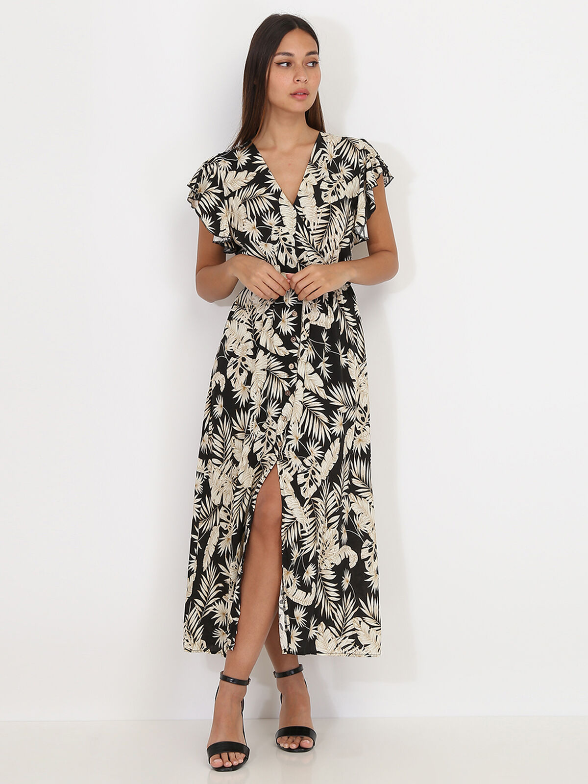 Robe longue à imprimé feuilles dorées- Noir