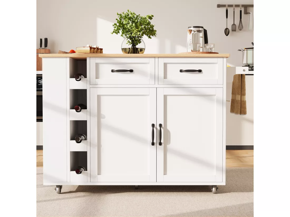 Ilot central de cuisine mobile avec 2 portes, 2 tiroirs et 4 Porte-Bouteilles - Plateau extensible - 131.5x43(76)x90.7cm - MDF - Blanc et naturel