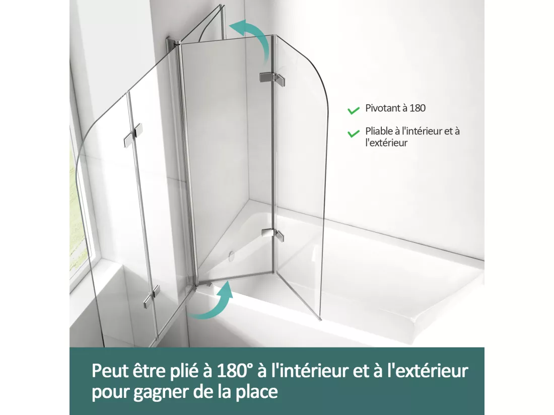 EMKE Pare de baignoire en 6 mm verre securit Paroi de douche pliable pour baignoire Revêtement Nano facile à nettoyer 120 x 140 cm