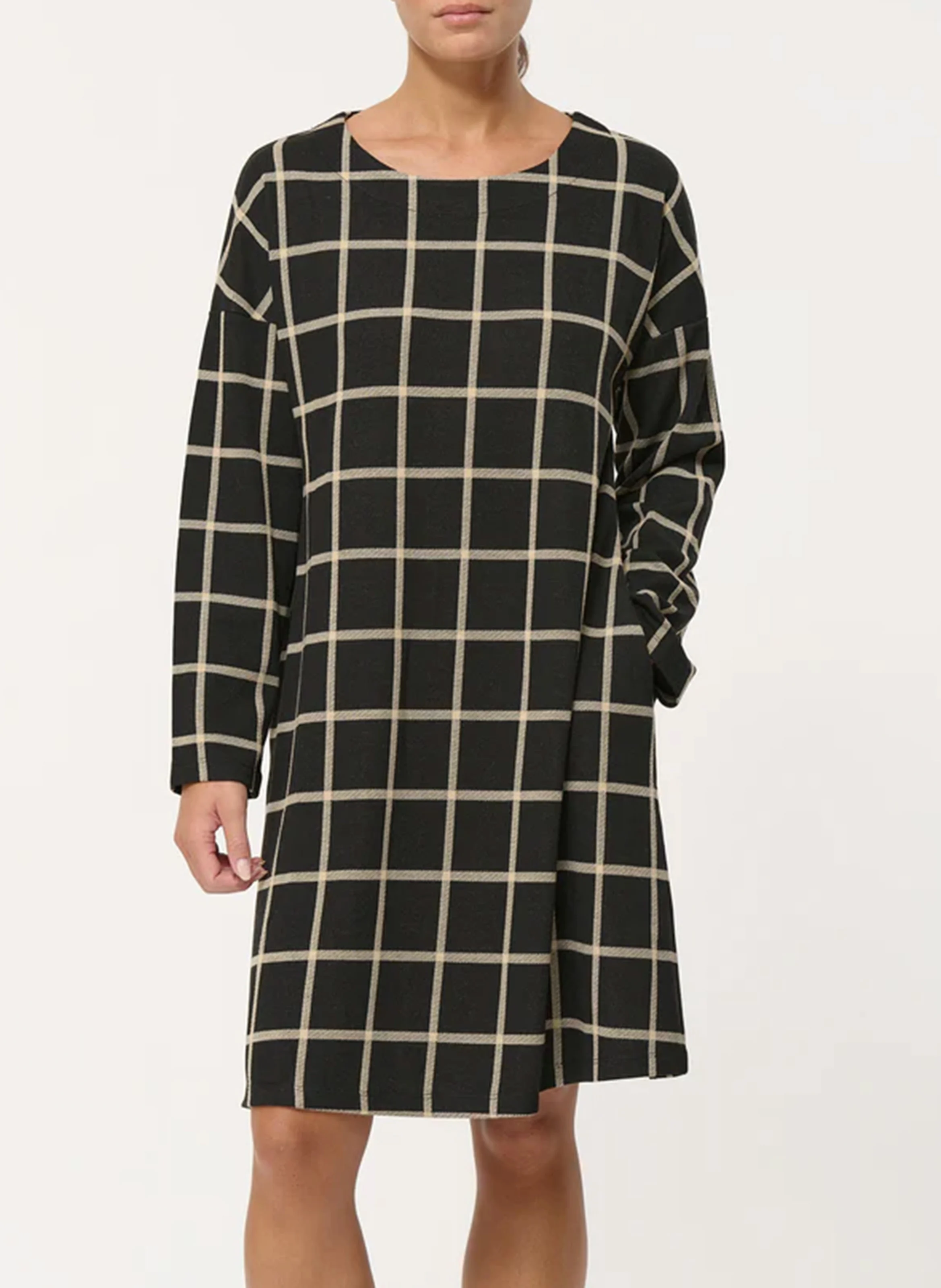 Robe midi col rond à carreaux| Noir